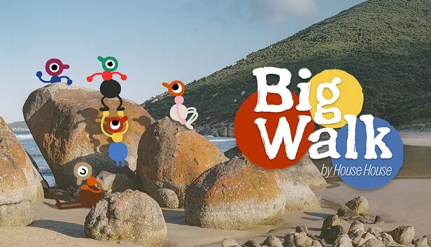 Four small round characters standing on boulders on a beach, a green headland behind them.