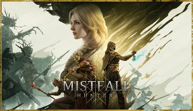A hunter in gold armour, with a misty battlefield of dark figures behind her.